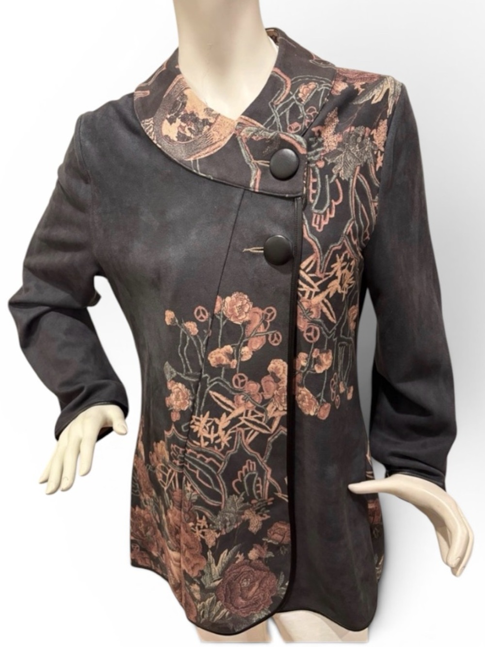 Radzoli Floral Asymmetrical Grey & Pastel Embroidery Detail Button-Up Tunic, L